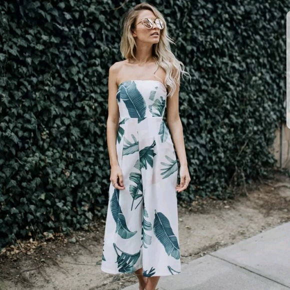 Strapless White Leaves Printed Wide Leg Jumpsuit - Picture 6 of 6